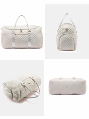 Quilted Cream Travel Duffel Bag with Gold Hardware